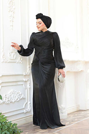 Drapeli Siyah Tesettür Abiye Elbise 50781S
