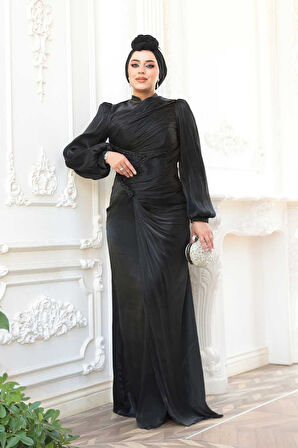 Drapeli Siyah Tesettür Abiye Elbise 50781S