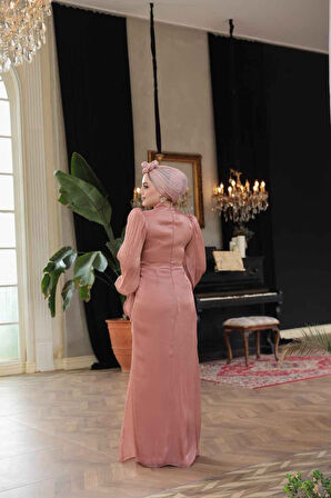 Drapeli Bakır Tesettür Abiye Elbise 50781BKR