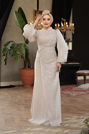 Drapeli Taş Tesettür Abiye Elbise 50781TAS