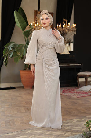 Drapeli Taş Tesettür Abiye Elbise 50781TAS