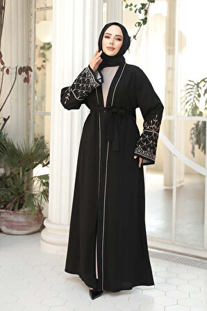 Nakış Desenli Siyah Bej Tesettür Abaya Takım 29126SBEJ