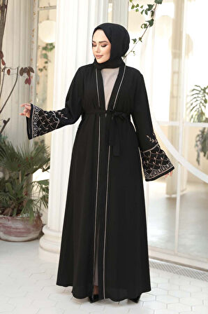 Nakış Desenli Siyah Bej Tesettür Abaya Takım 29126SBEJ
