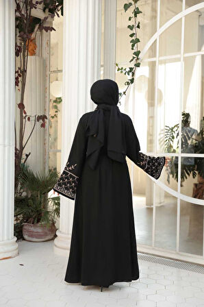 Nakış Desenli Siyah Bej Tesettür Abaya Takım 29126SBEJ