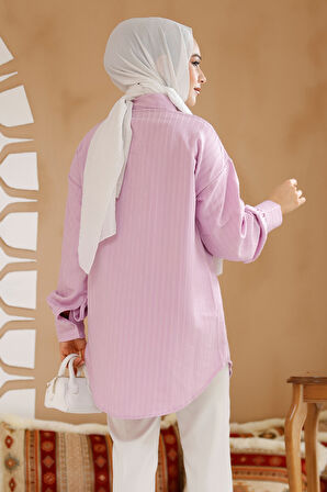 Çizgili Lila Tesettür Gömlek 30702LILA