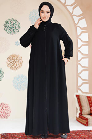 Fermuarlı Siyah Tesettür Ferace 45287S