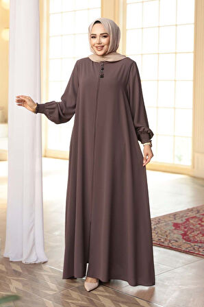 Fermuarlı Koyu Vizon Tesettür Ferace 45287KV