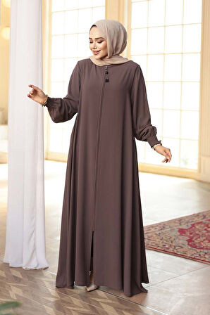 Fermuarlı Koyu Vizon Tesettür Ferace 45287KV