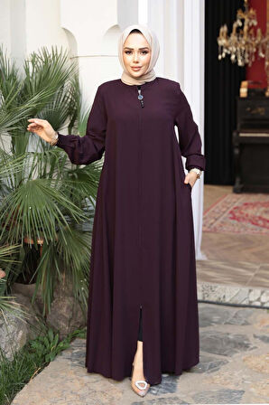 Fermuarlı Mürdüm Tesettür Ferace 45287MU