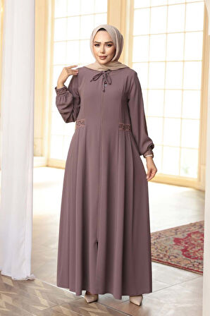 Pile Detaylı Gül Kurusu Tesettür Ferace 45271GK