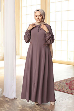 Pile Detaylı Gül Kurusu Tesettür Ferace 45271GK