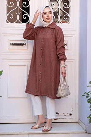 Düğmeli Kahverengi Tesettür Tunik 70881KH