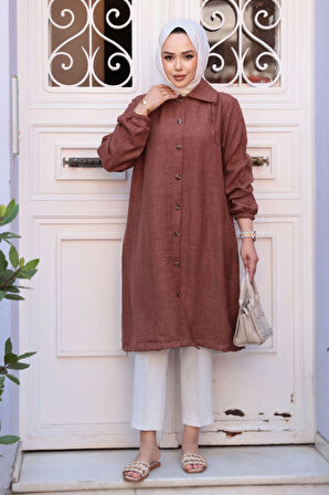 Düğmeli Kahverengi Tesettür Tunik 70881KH