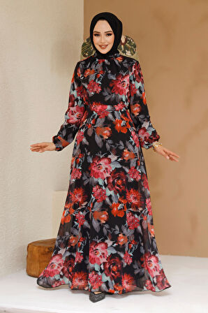 Çiçek Desenli Siyah Tesettür Elbise 27962S
