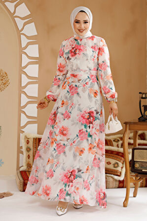 Çiçek Desenli Beyaz Pembe Tesettür Elbise 27962BP