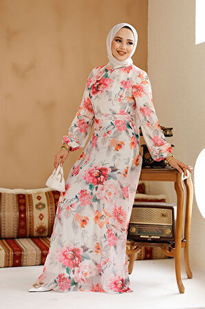 Çiçek Desenli Beyaz Pembe Tesettür Elbise 27962BP
