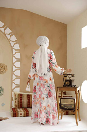 Çiçek Desenli Beyaz Pembe Tesettür Elbise 27962BP