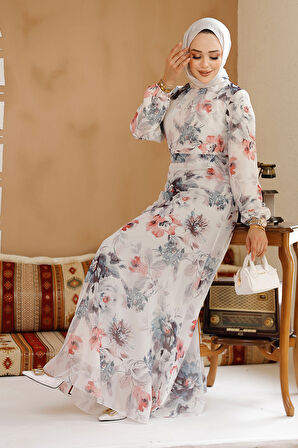 Çiçek Desenli Beyaz Gri Tesettür Elbise 27962BGR