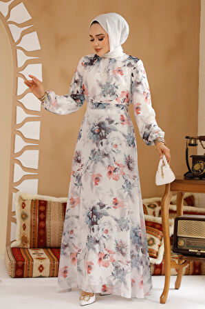 Çiçek Desenli Beyaz Gri Tesettür Elbise 27962BGR