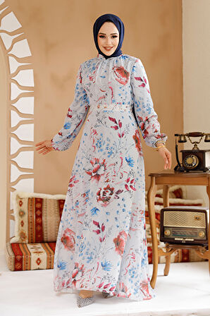 Çiçek Desenli Gri Tesettür Elbise 27963GR