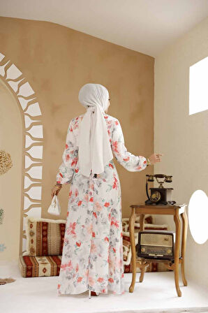 Çiçek Desenli Beyaz Tesettür Elbise 27964B