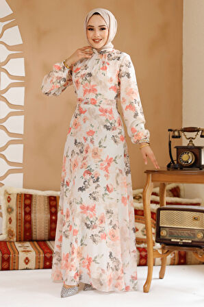 Çiçek Desenli Ekru Tesettür Elbise 27964E