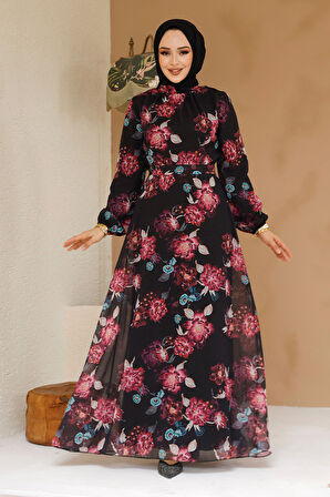 Çiçek Desenli Siyah Tesettür Elbise 27965S