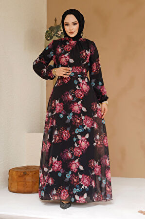 Çiçek Desenli Siyah Tesettür Elbise 27965S
