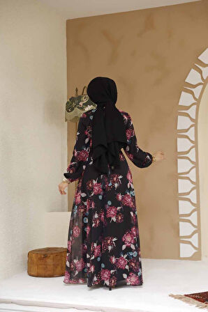 Çiçek Desenli Siyah Tesettür Elbise 27965S