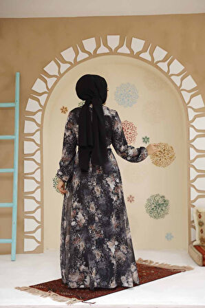 Çiçek Desenli Siyah Tesettür Elbise 27967S