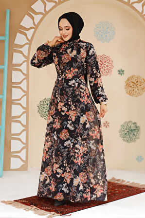 Çiçek Desenli Siyah Tesettür Elbise 27968S