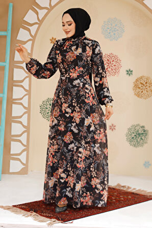 Çiçek Desenli Siyah Tesettür Elbise 27968S