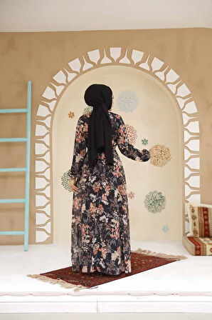 Çiçek Desenli Siyah Tesettür Elbise 27968S