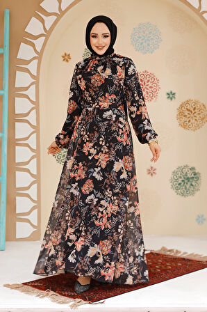 Çiçek Desenli Siyah Tesettür Elbise 27968S
