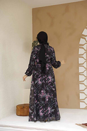 Çiçek Desenli Siyah Tesettür Elbise 27960S