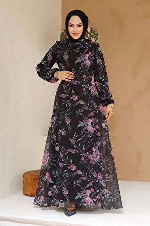 Çiçek Desenli Siyah Tesettür Elbise 27960S