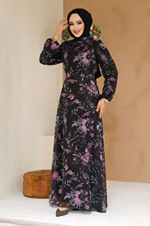 Çiçek Desenli Siyah Tesettür Elbise 27960S