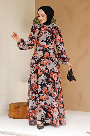Çiçek Desenli Siyah Tesettür Elbise 27970S
