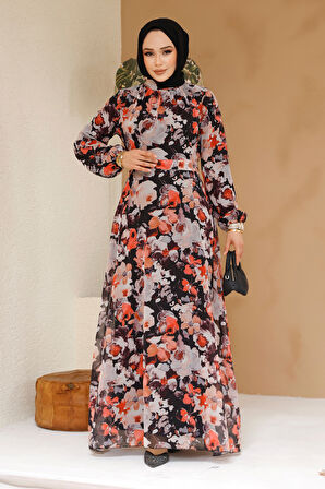 Çiçek Desenli Siyah Tesettür Elbise 27970S