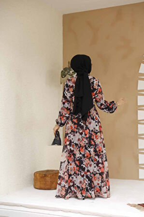 Çiçek Desenli Siyah Tesettür Elbise 27970S