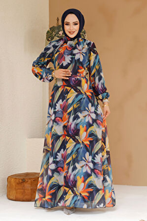 Çiçek Desenli Lacivert Tesettür Elbise 27977L