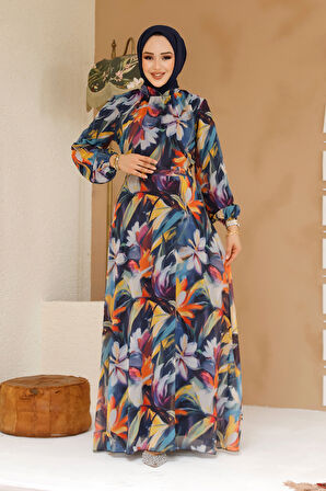 Çiçek Desenli Lacivert Tesettür Elbise 27977L