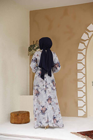 Çiçek Desenli Gri Tesettür Elbise 27961GR