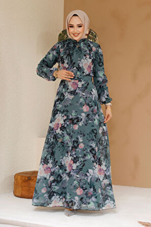 Çiçek Desenli Haki Tesettür Elbise 27961HK