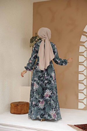 Çiçek Desenli Haki Tesettür Elbise 27961HK