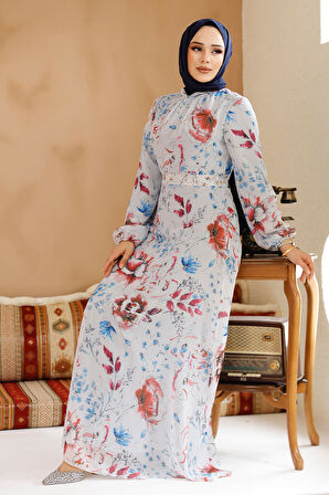 Çiçek Desenli Gri Tesettür Elbise 27963GR