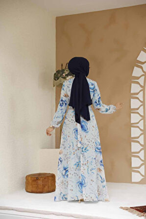 Çiçek Desenli Turkuaz Tesettür Elbise 27963TR