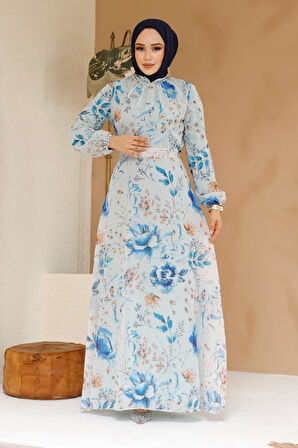 Çiçek Desenli Turkuaz Tesettür Elbise 27963TR