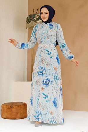 Çiçek Desenli Turkuaz Tesettür Elbise 27963TR