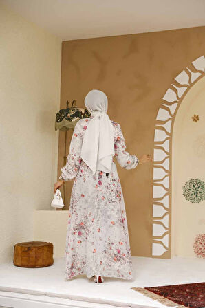 Çiçek Desenli Ekru Tesettür Elbise 27966E